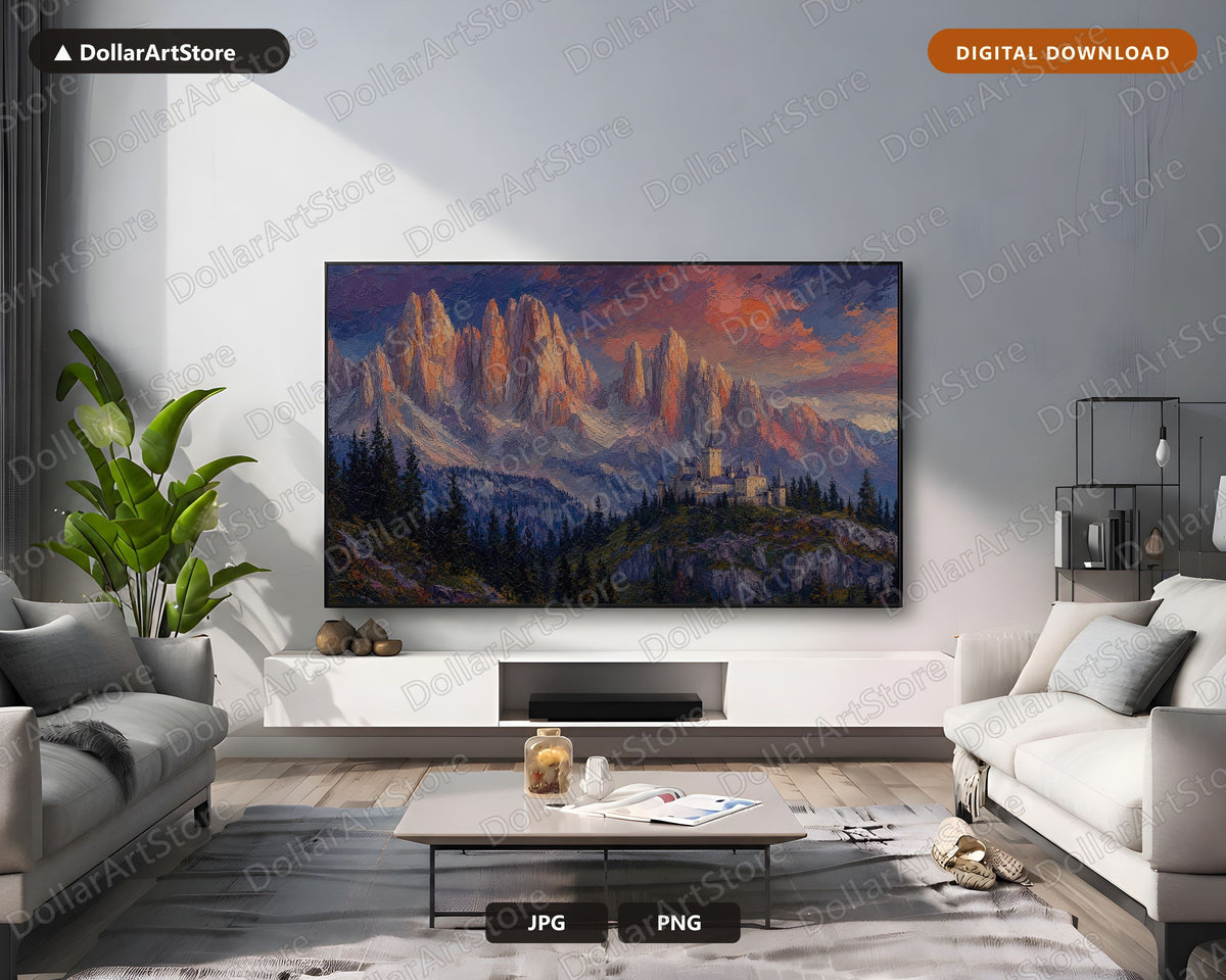 Textured Mountain Castle Frame TV Art, Scenic Landscape Digital Download, 4K TV Screensaver Art