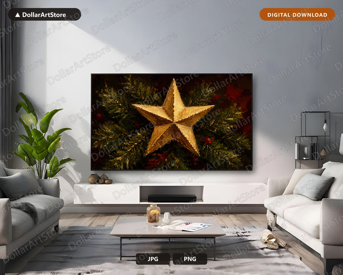 Cozy Christmas Frame TV Art, Gold Star & Evergreen, Samsung TV Digital Download 4K
