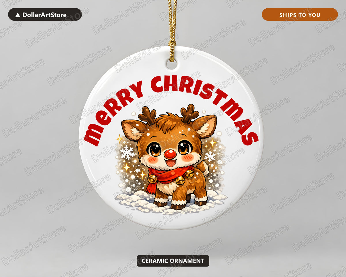 Cute Reindeer Christmas Ornament, Ceramic Holiday Keepsake Gift