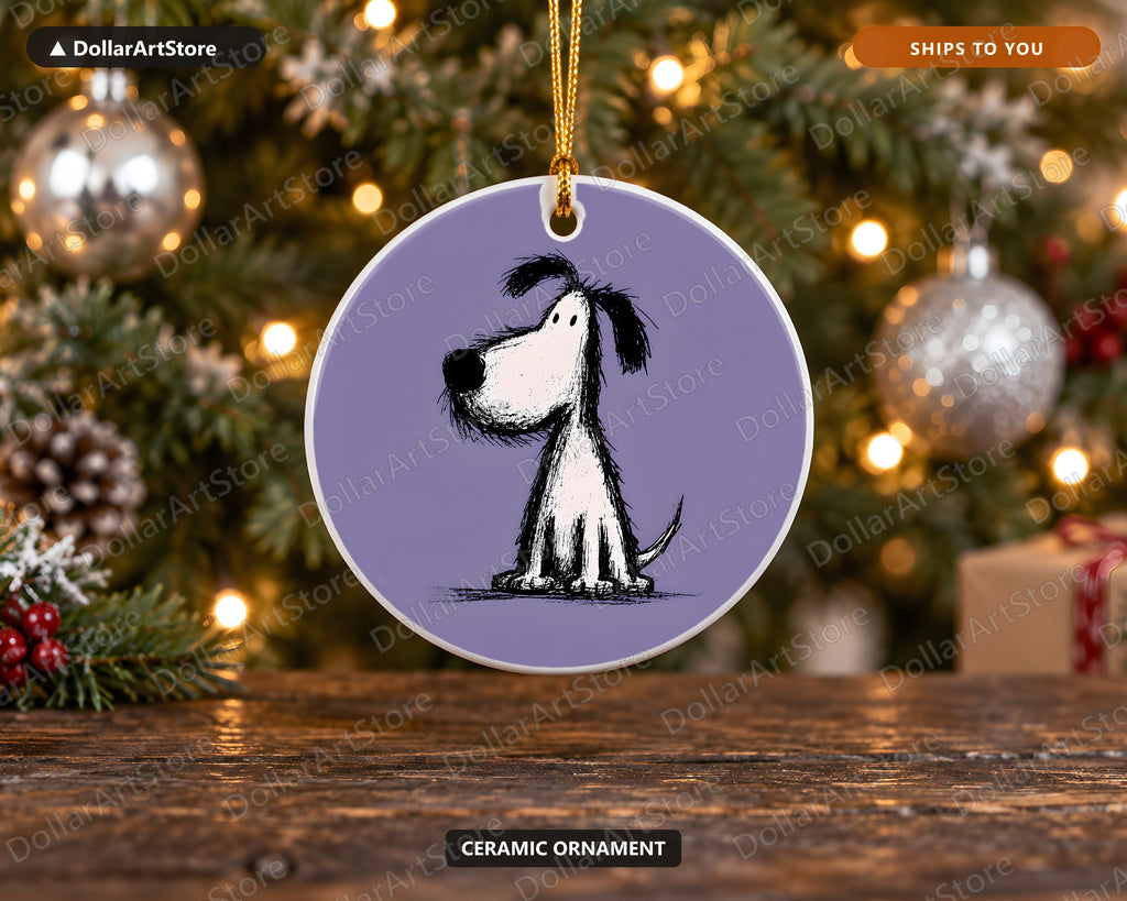 Whimsical Dog Doodle Christmas Ornament, Ceramic Tree Ornament, Holiday Gift