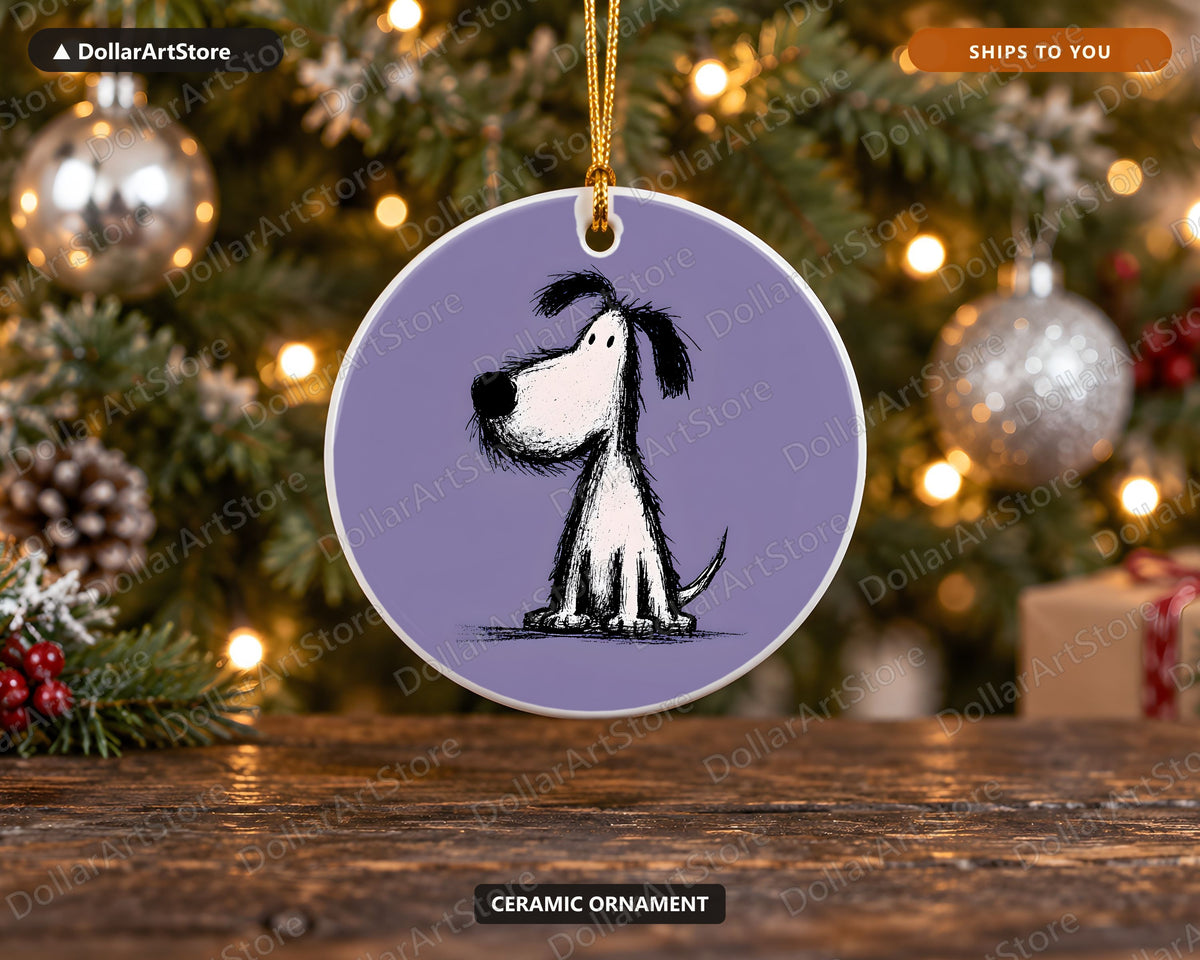 Whimsical Dog Doodle Christmas Ornament, Ceramic Tree Ornament, Holiday Gift