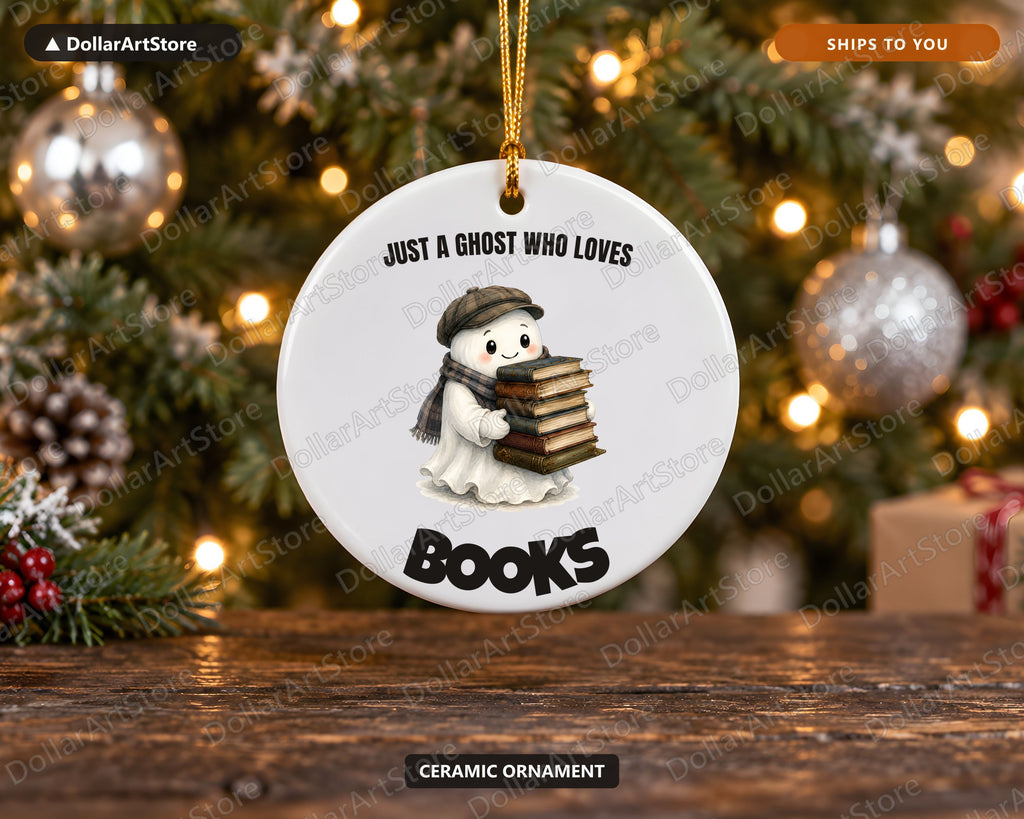 Bookish Ghost Ceramic Christmas Ornament, Literary Holiday Gift