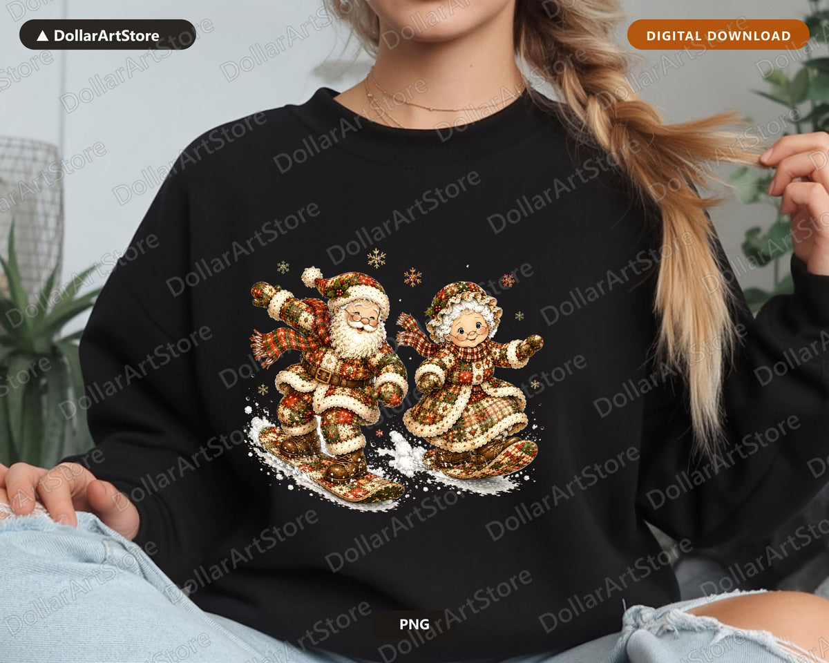 Patchwork Santa PNG Sublimation Design, Skiing Christmas Shirt Design