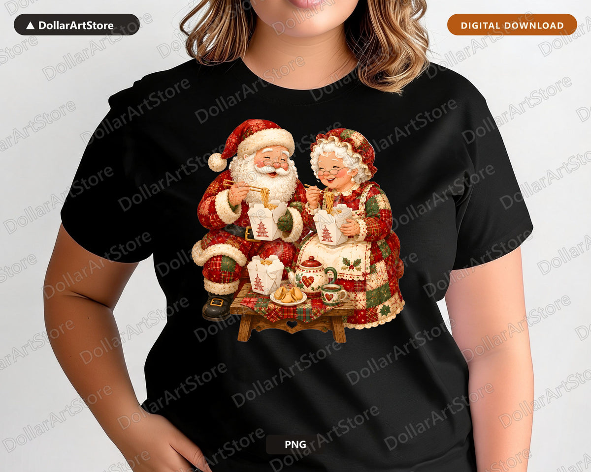 Santa & Mrs Claus PNG, Patchwork Christmas Design, Sublimation Shirt Design