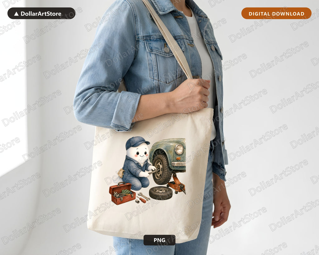 Cute Ghost Mechanic PNG, Vintage Car Repair Design, Sublimation Download