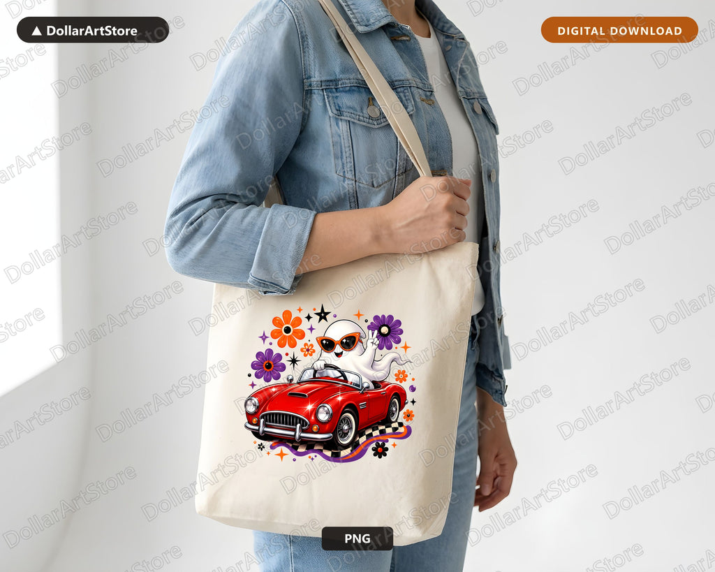 Cute Halloween Ghost PNG, Retro Car Design, Sublimation Digital Download