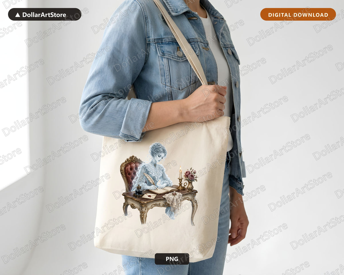 Bookish Ghost PNG, Victorian Spirit Design, Sublimation Digital Download