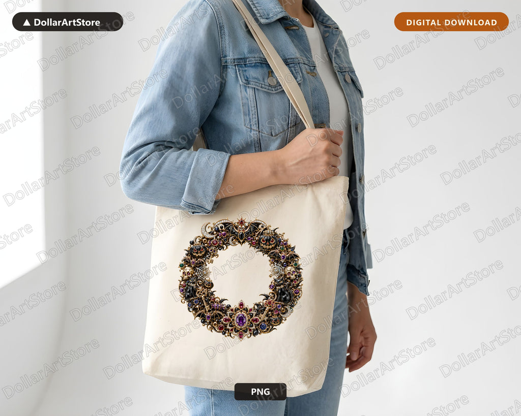 Gothic Halloween PNG, Ornate Wreath Design, Sublimation Shirt Design Digital Download