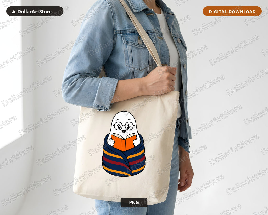 Bookish Ghost PNG, Cute Reading Character Design, Sublimation Digital Download