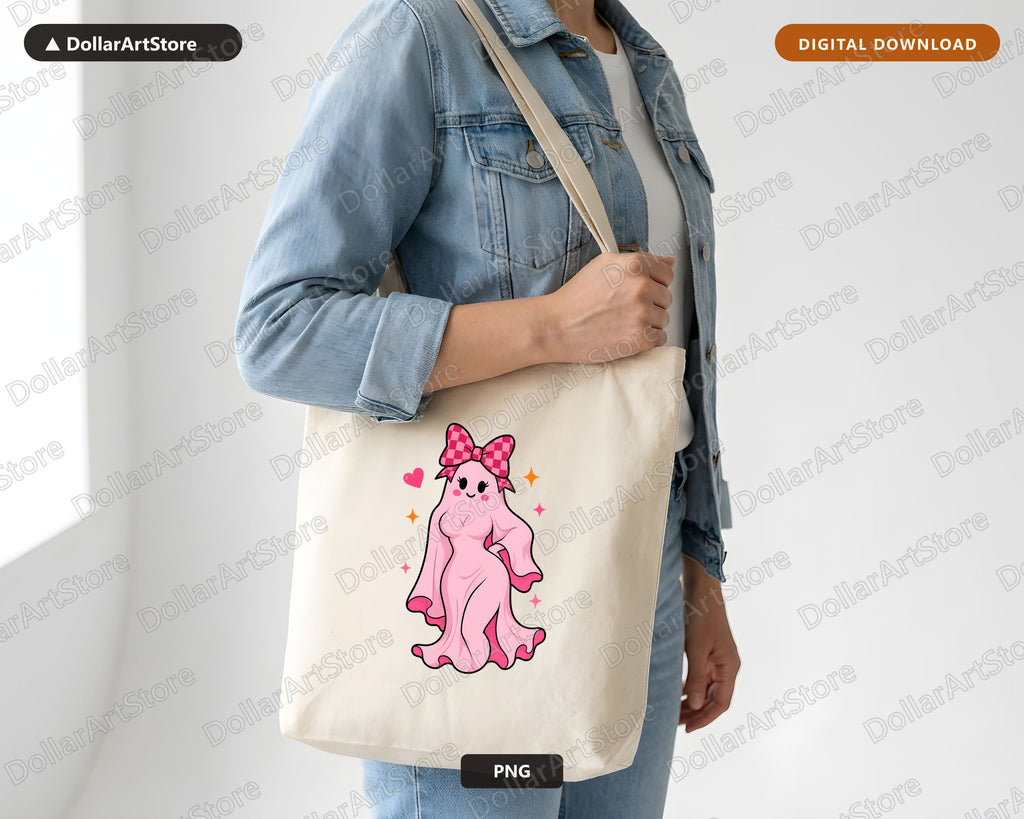 Cute Pink Ghost PNG Sublimation Design, Bow Checkered Shirt Print Digital Download