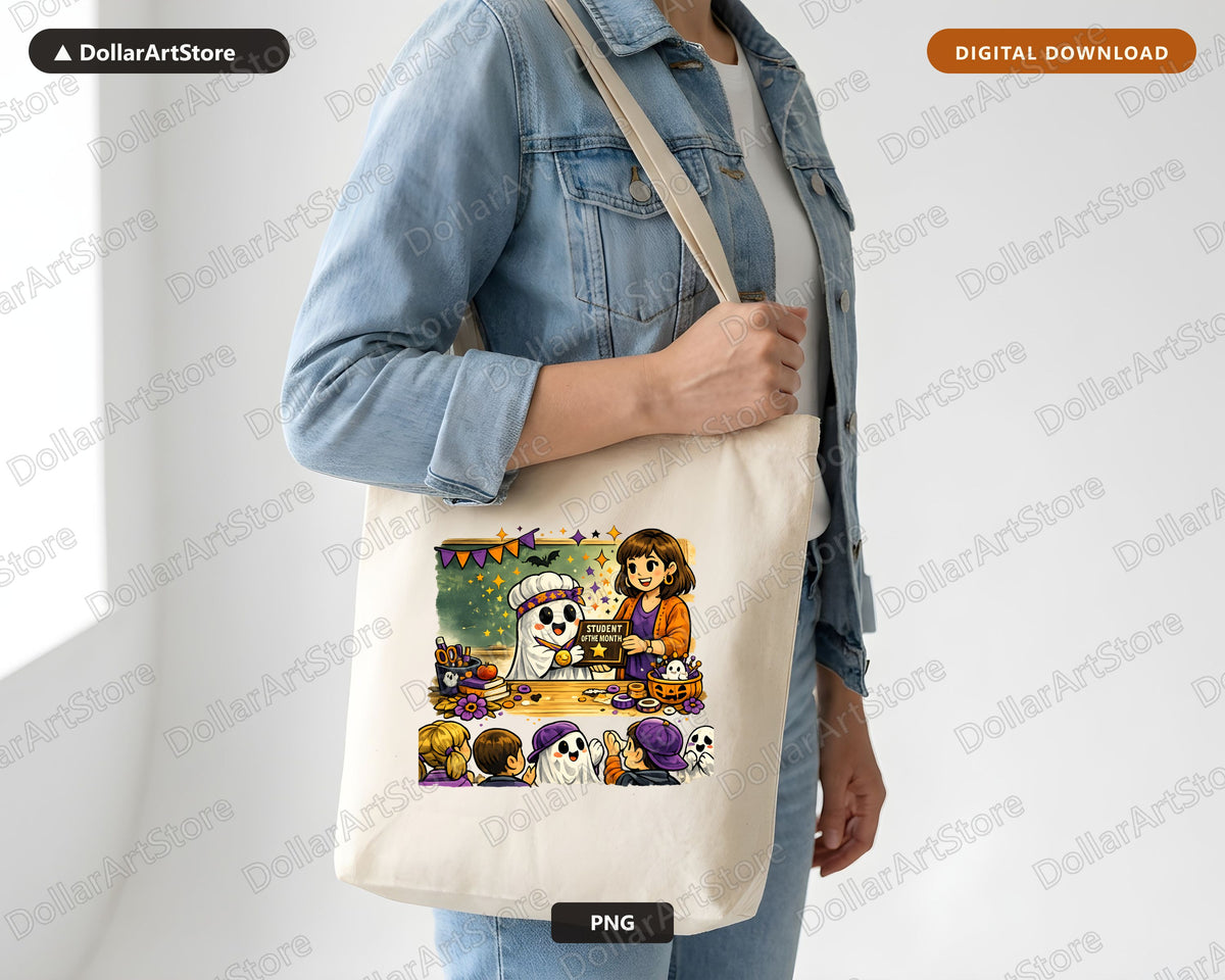 Cute Halloween Ghost PNG, Student of Month, Sublimation Design Digital Download