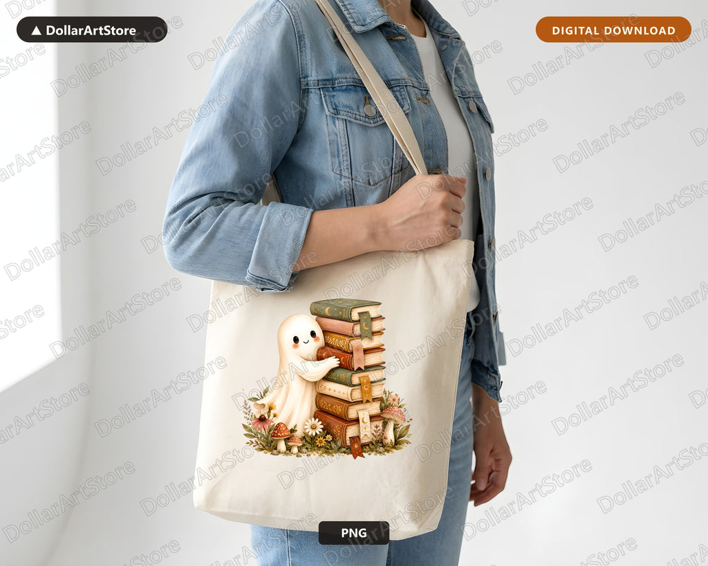 Bookish Ghost PNG, Whimsical Library Design, Sublimation Download
