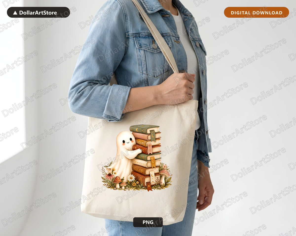 Bookish Ghost PNG, Whimsical Library Design, Sublimation Download