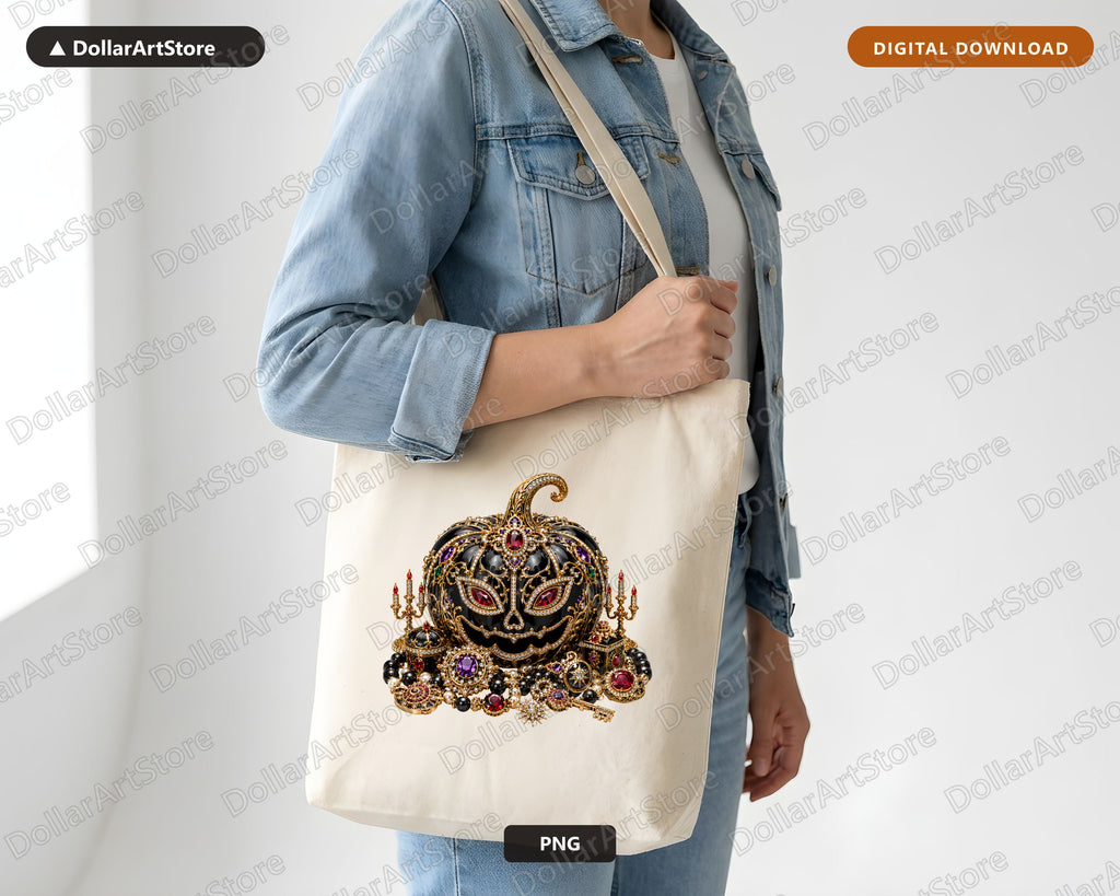 Luxury Gothic Halloween Pumpkin PNG, Ornate Jeweled Sublimation Design