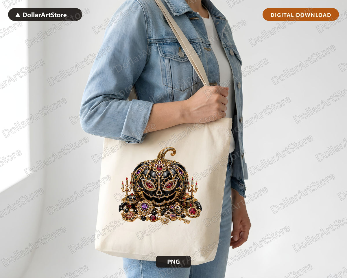 Luxury Gothic Halloween Pumpkin PNG, Ornate Jeweled Sublimation Design