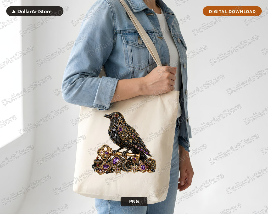 Gothic Raven PNG, Jeweled Black Bird, Ornate Sublimation Design