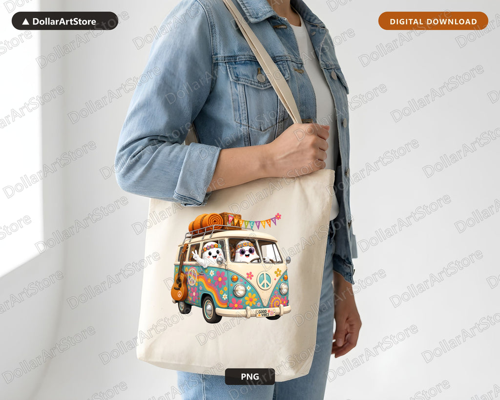 Retro Hippie Van PNG, Cute Ghost Characters, Sublimation Design Digital Download