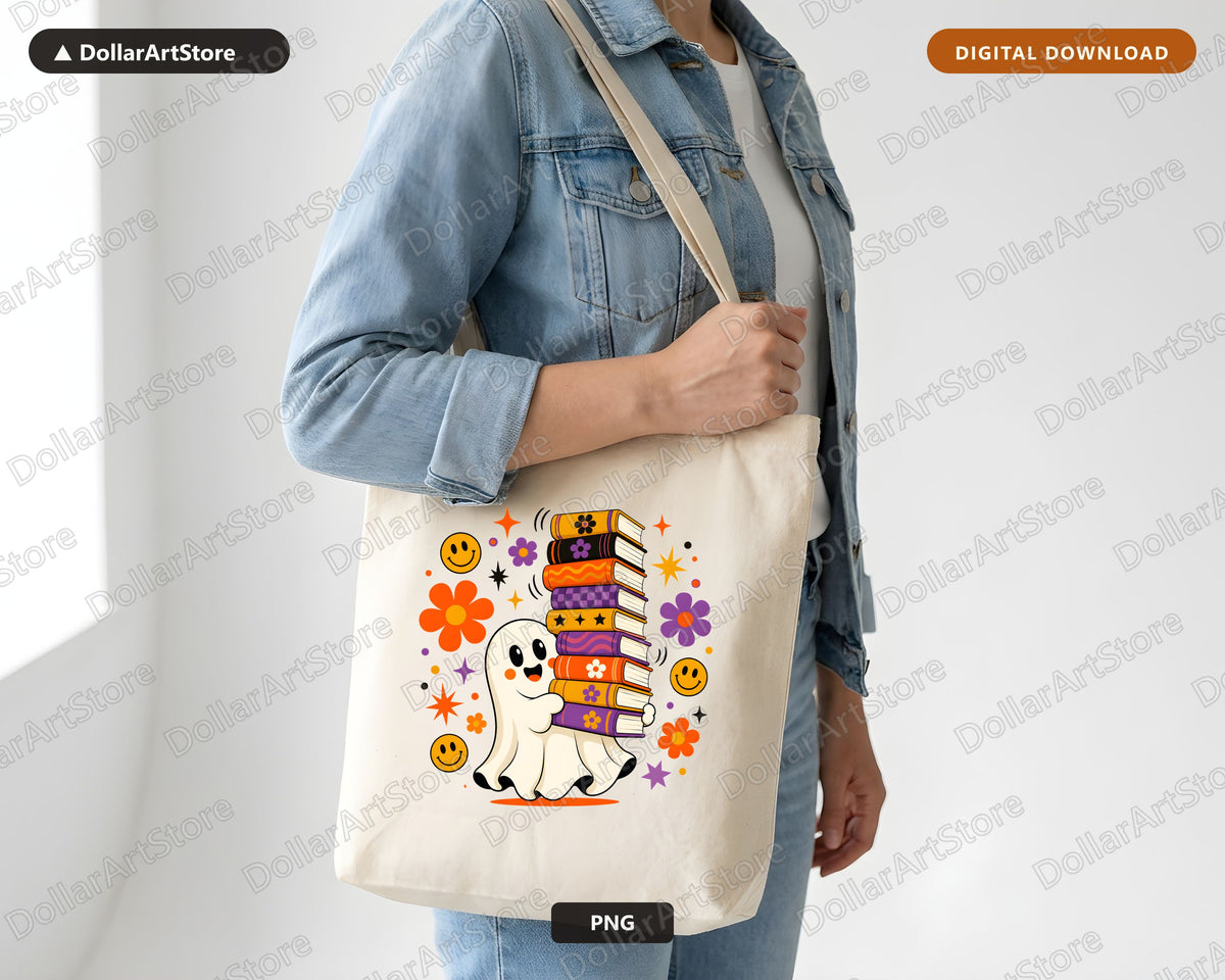Bookish Ghost PNG, Retro Sublimation Design, Groovy Shirt Design Digital Download