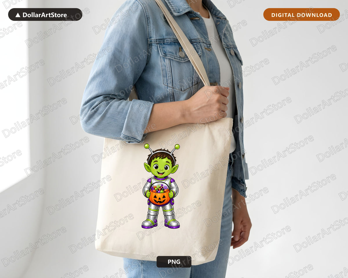 Cute Alien Trick-or-Treat Halloween PNG, Kids Costume Design, Digital Download