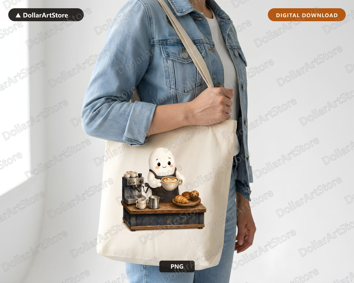 Cute Ghost Barista PNG, Sublimation Design, Coffee Shirt PNG Digital Download