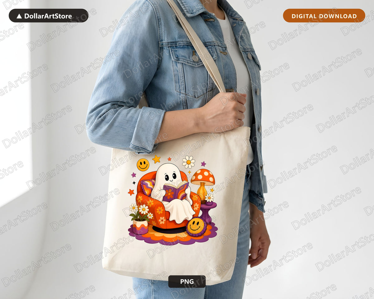 Bookish Ghost PNG, Retro Reading Design, Halloween Shirt Digital Download