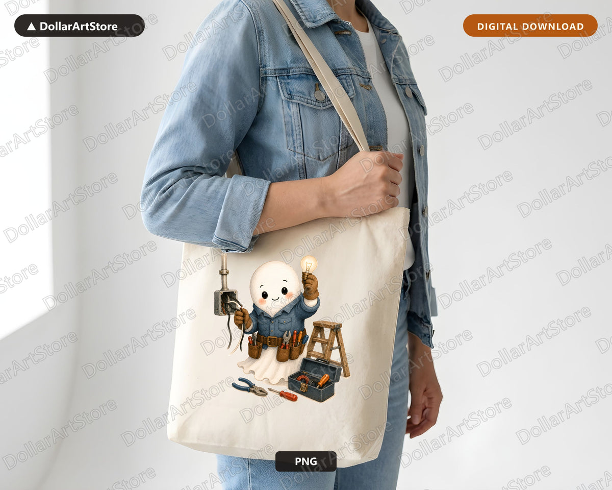 Cute Ghost Electrician PNG, Sublimation Design, Shirt Print Digital Download