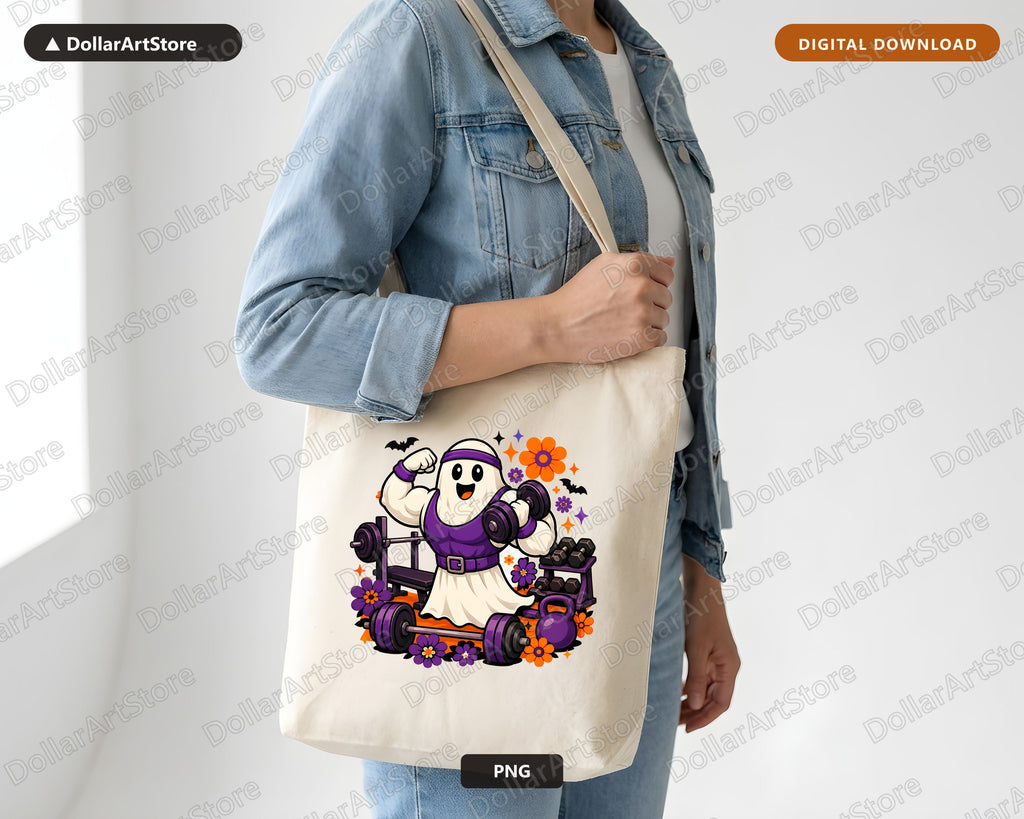 Cute Gym Ghost PNG, Funny Halloween Fitness Sublimation Design Digital Download