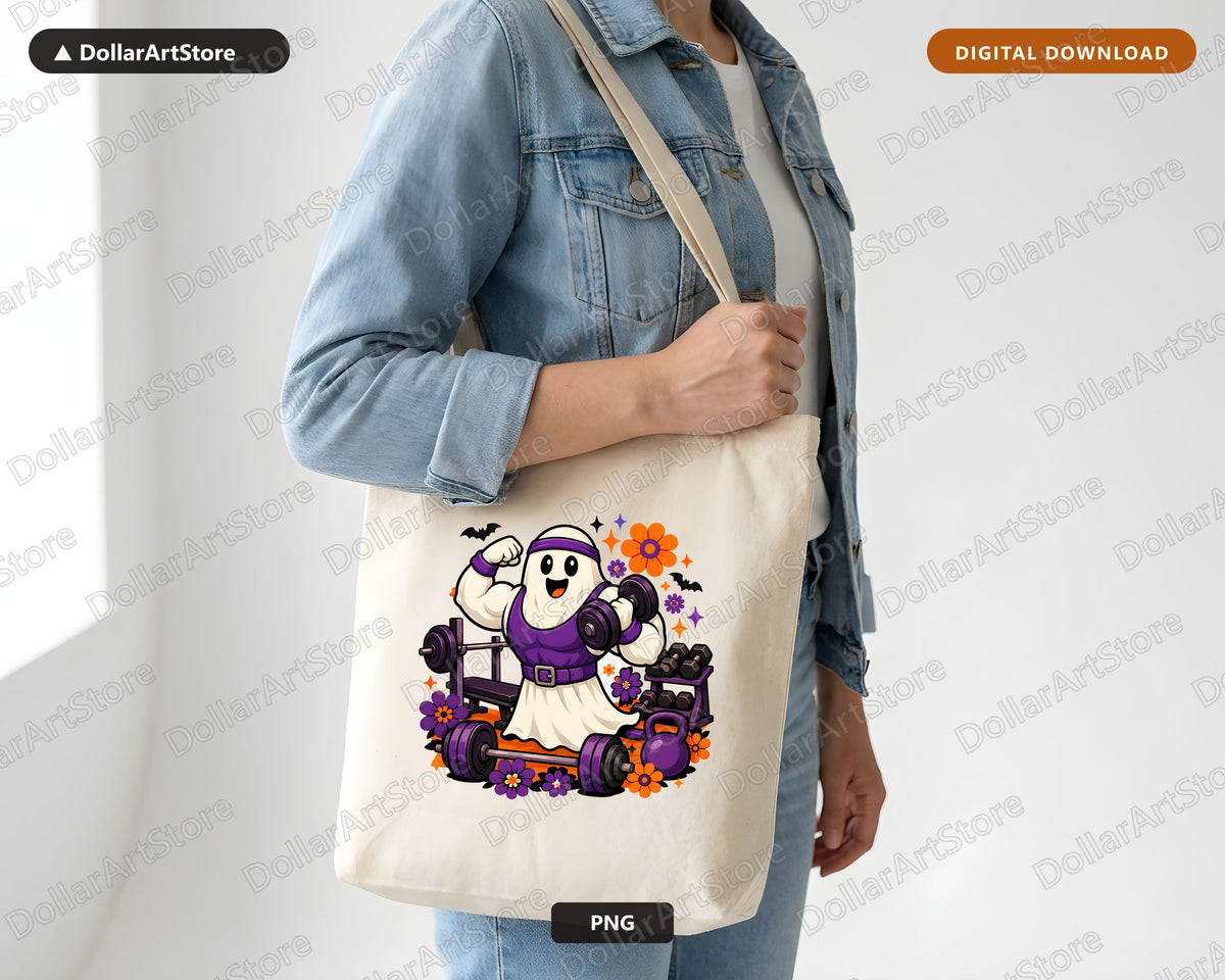 Cute Gym Ghost PNG, Funny Halloween Fitness Sublimation Design Digital Download