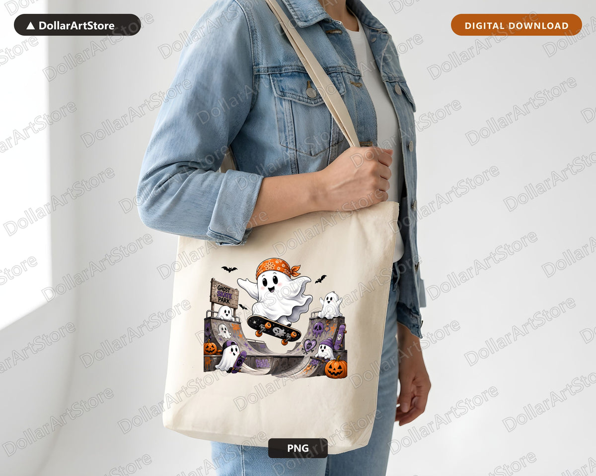 Cute Halloween Ghost Skate Park PNG, Sublimation Design, Shirt Design Digital Download