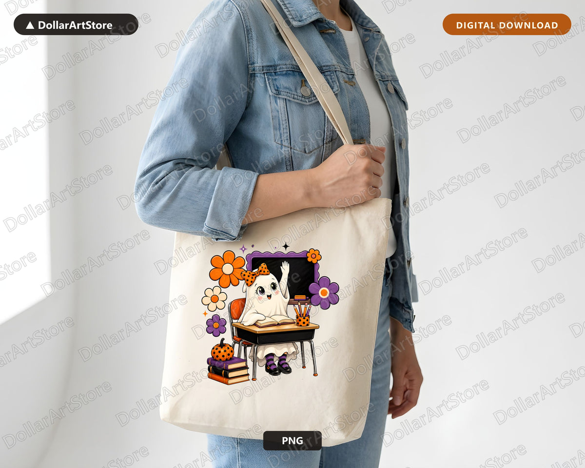 Cute Halloween Ghost PNG, School Desk Design, Sublimation Download