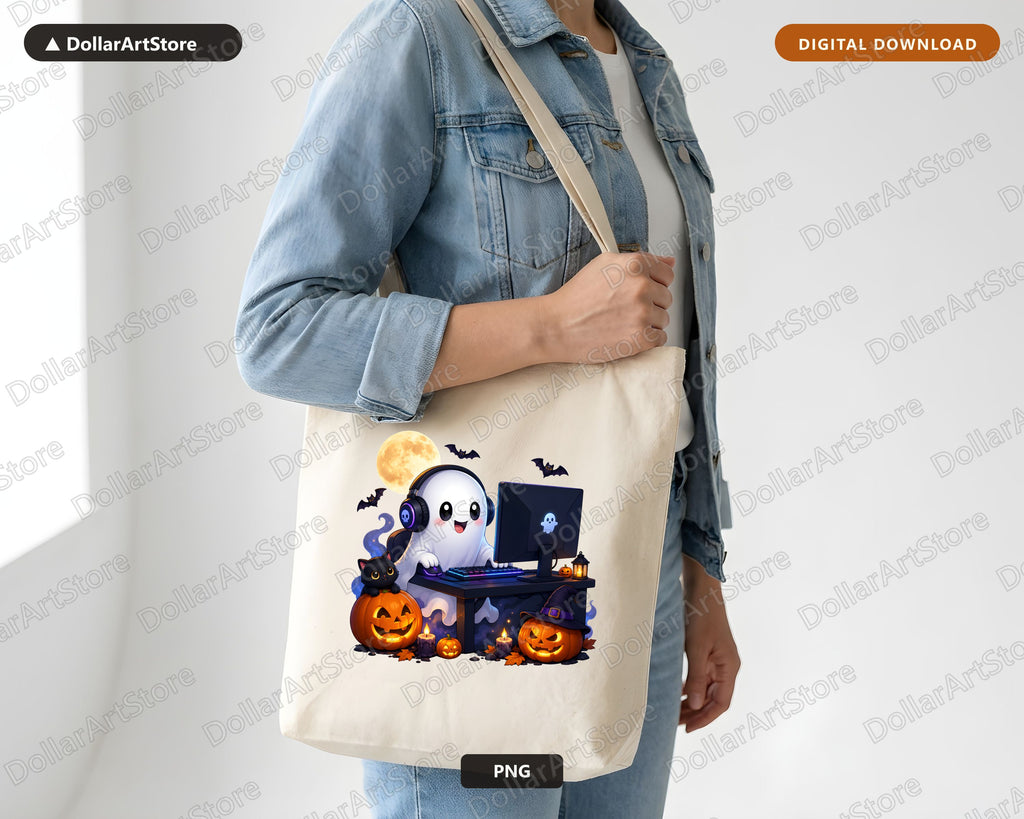 Cute Gaming Ghost PNG, Halloween Sublimation Design, Gamer Shirt Design Digital Download