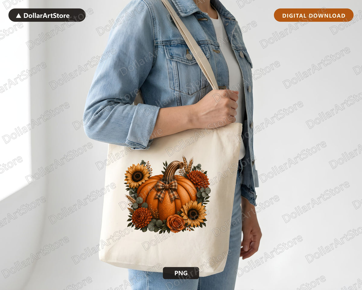 Autumn Pumpkin PNG, Fall Floral Sublimation Design, Shirt Print Digital Download