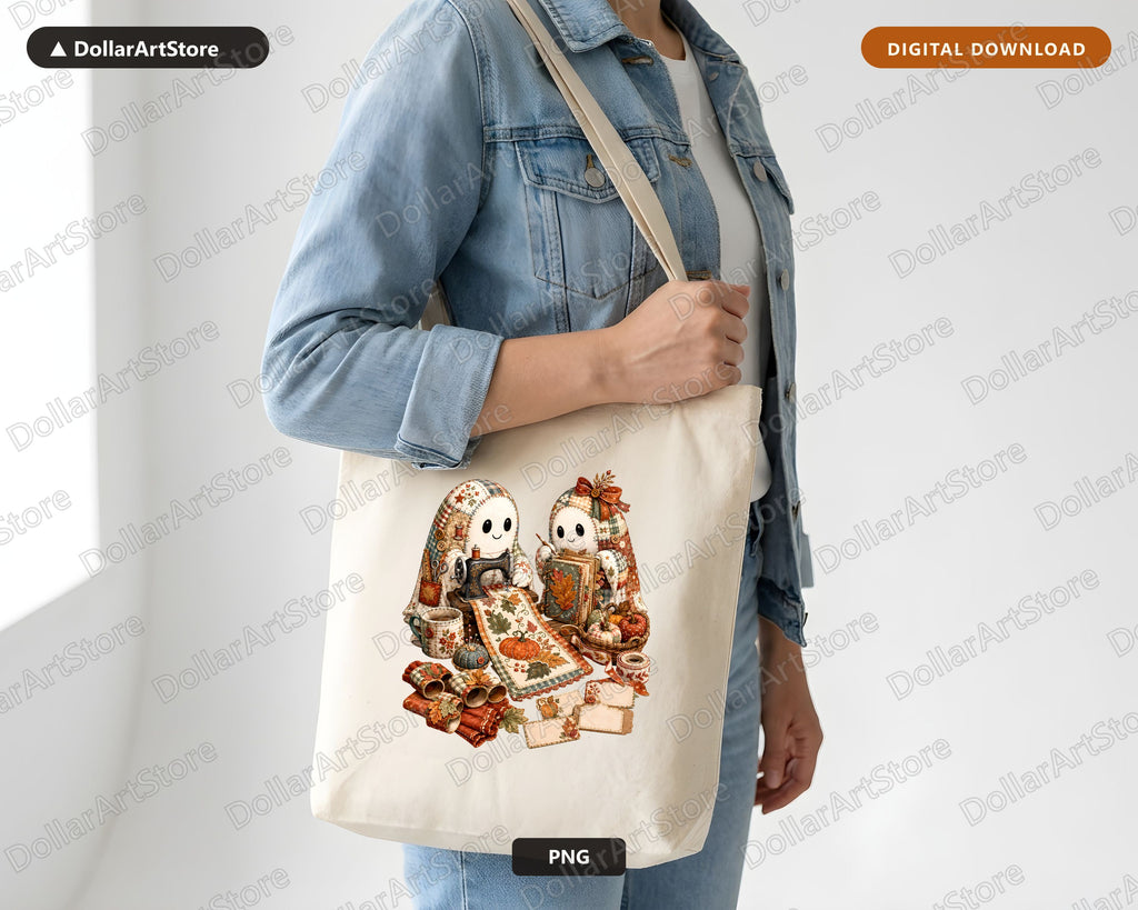 Crafting Ghosts PNG, Autumn Sewing Design, Sublimation Digital Download