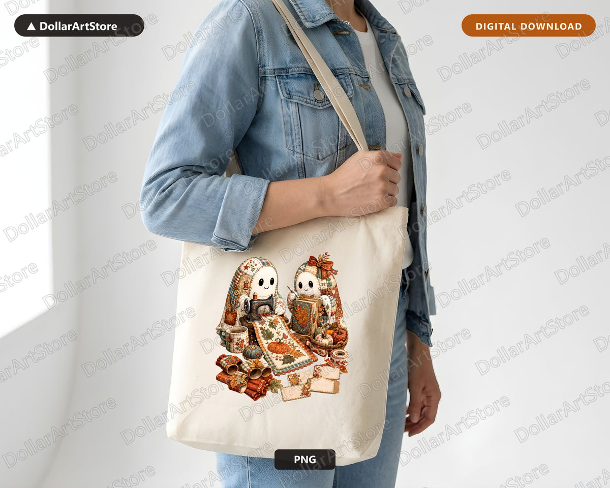 Crafting Ghosts PNG, Autumn Sewing Design, Sublimation Digital Download