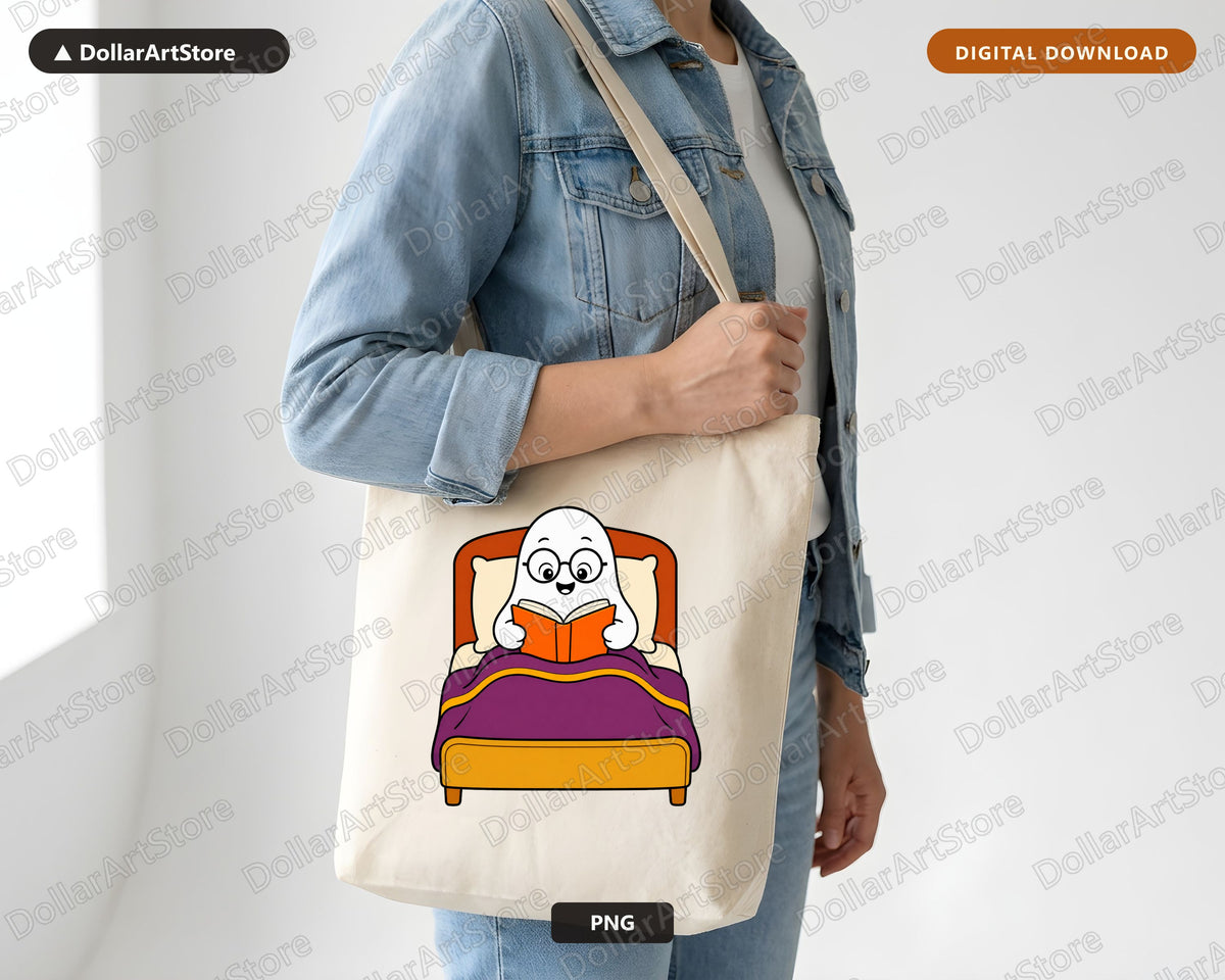 Bookish Ghost PNG, Reading in Bed, Sublimation Design Digital Download