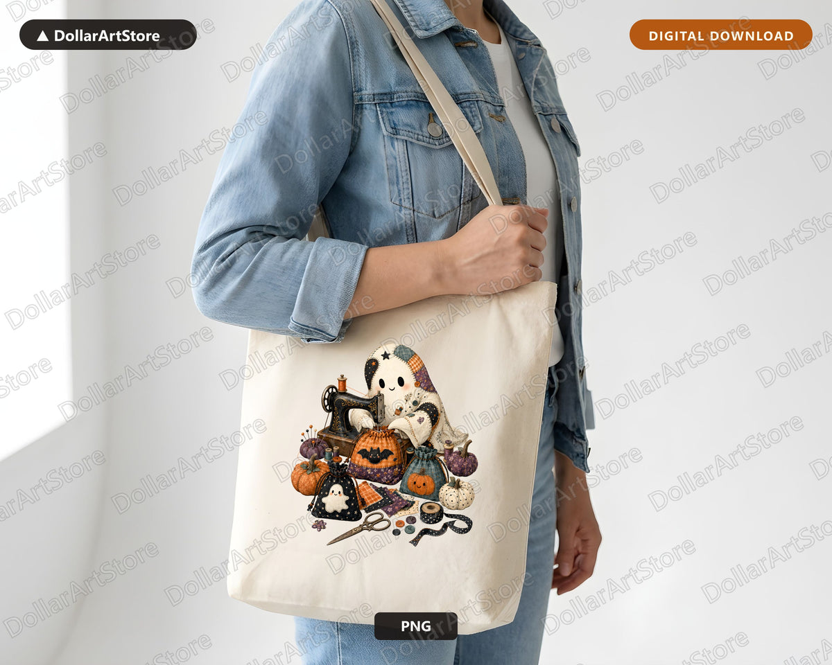 Crafting Ghost PNG, Halloween Sublimation Design, Sewing Witch Shirt Print