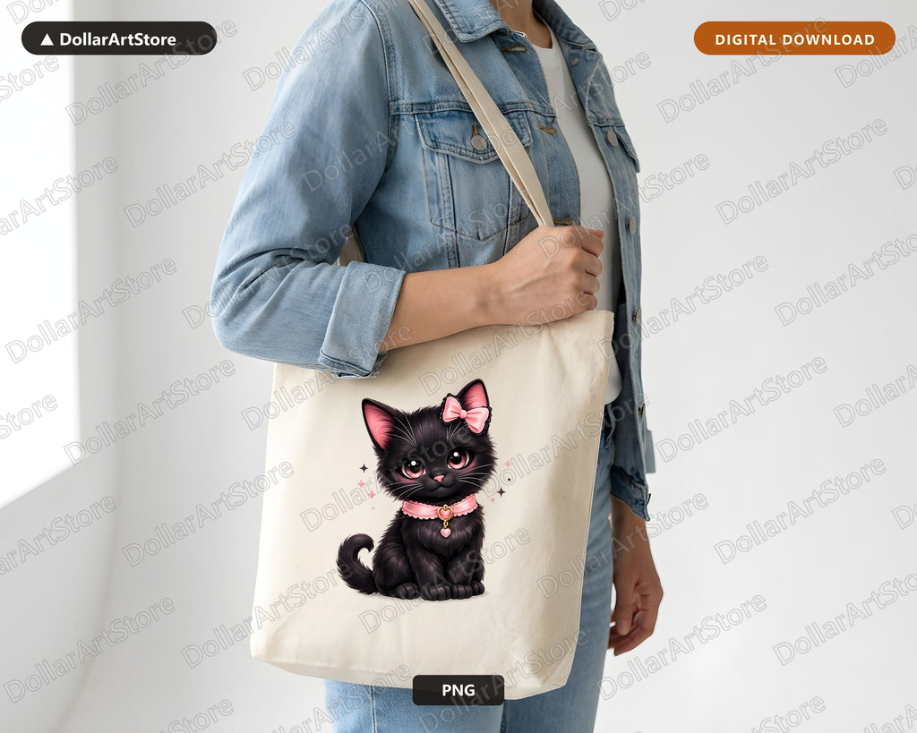 Coquette Black Cat PNG, Pink Bow Halloween Design Digital Download