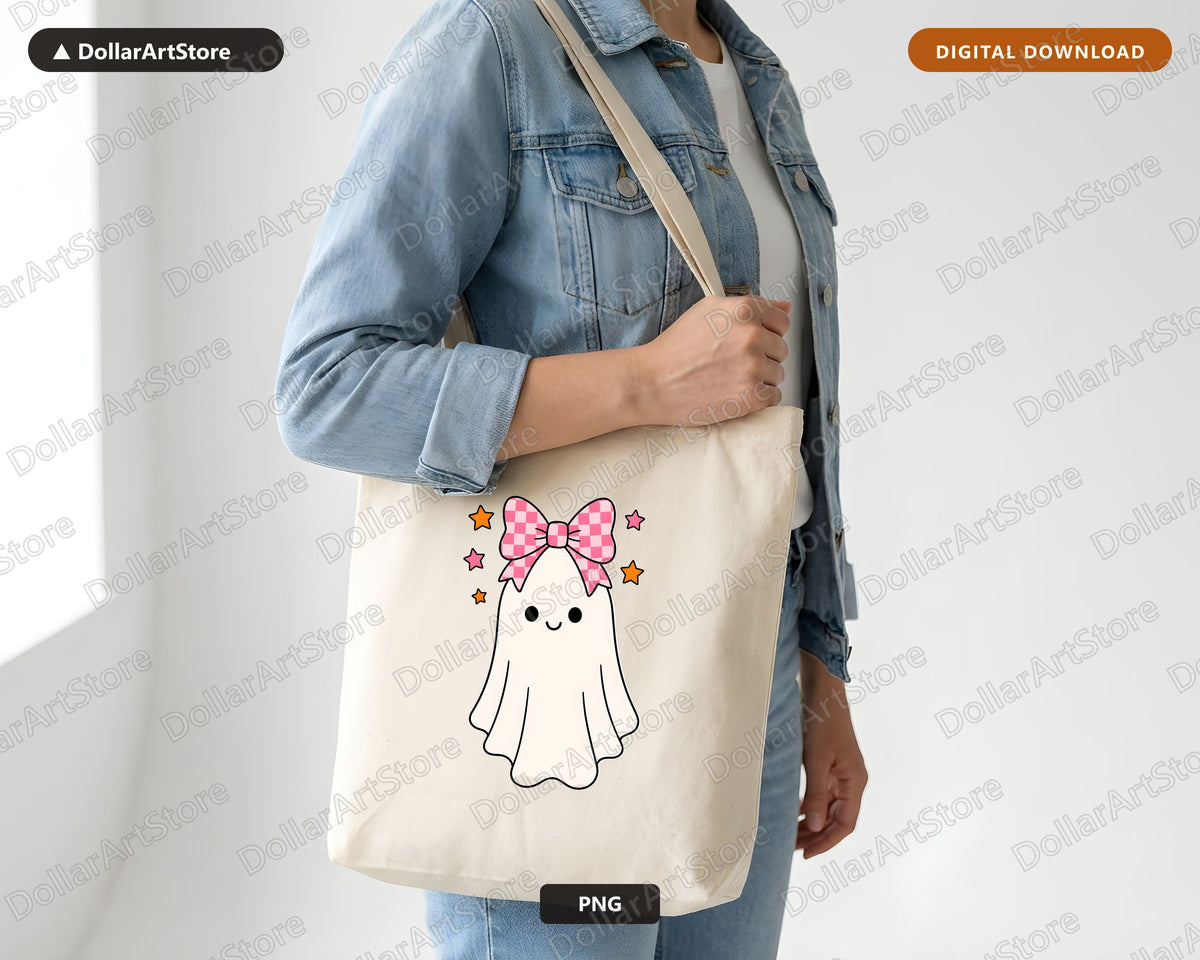 Cute Ghost PNG with Pink Bow, Halloween Sublimation Design, Digital Download