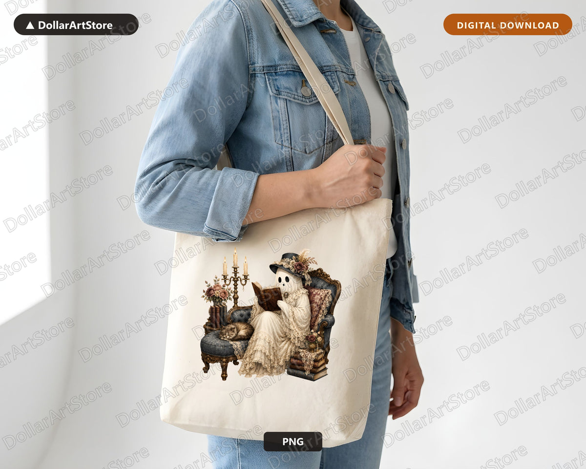 Bookish Ghost PNG, Vintage Gothic Sublimation Design, Digital Download