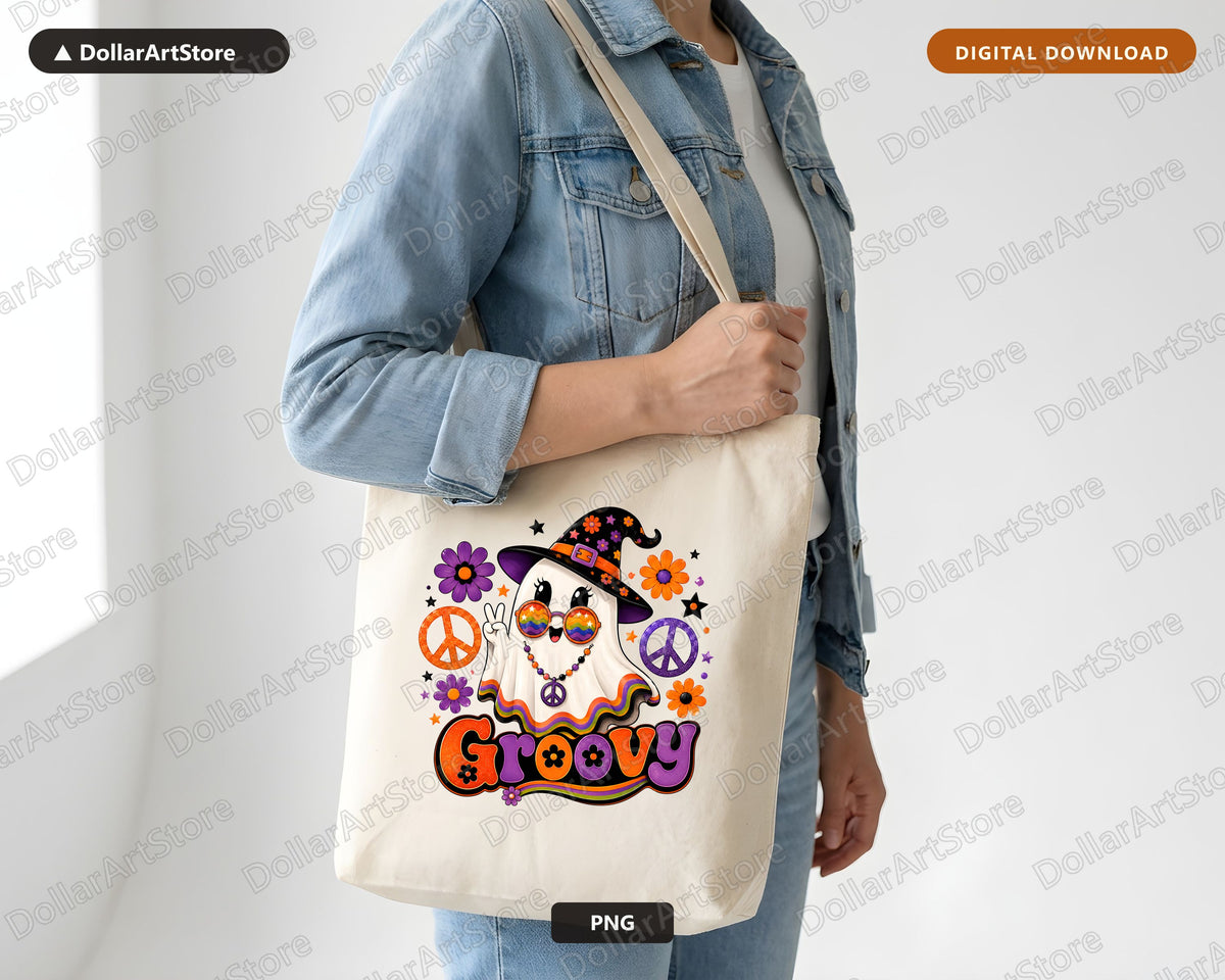 Cute Groovy Ghost PNG, Retro Halloween Shirt Design, Sublimation Instant Download