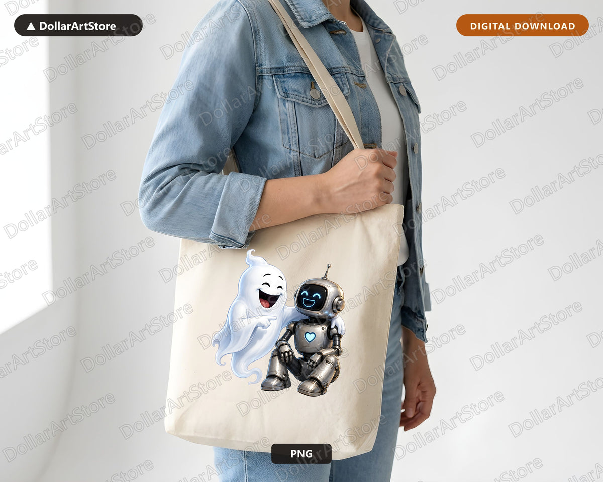 Cute Halloween Ghost and Robot PNG, Sublimation Shirt Design Digital Download