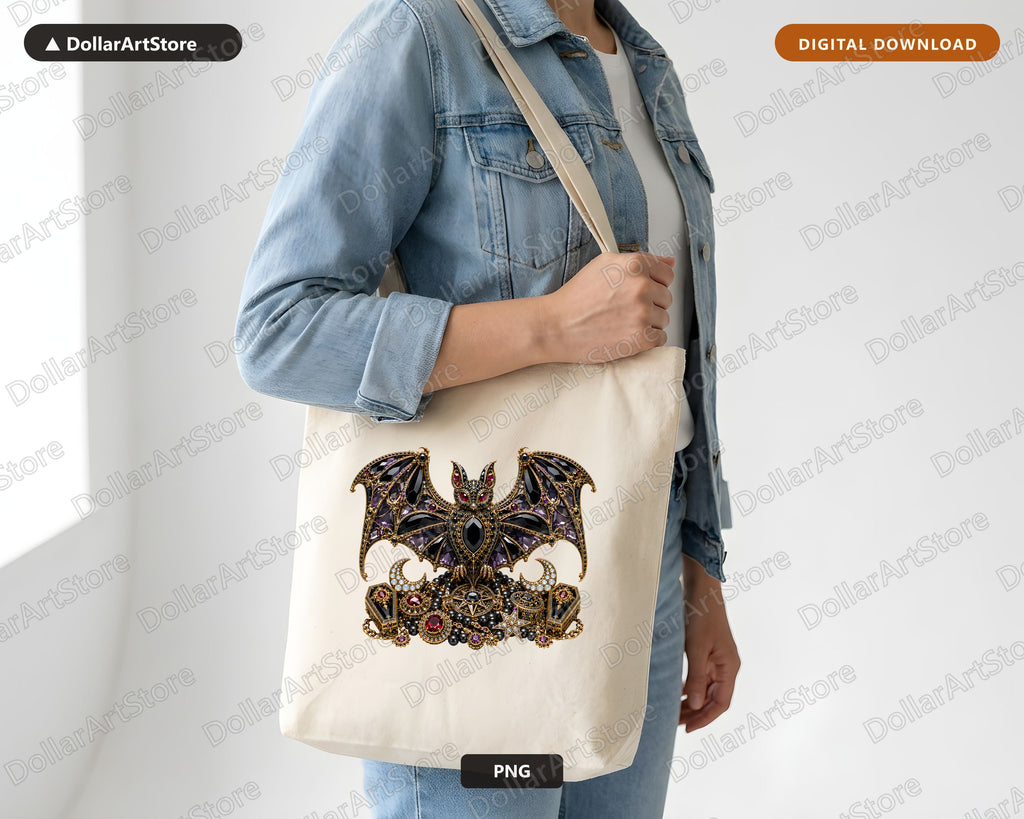 Gothic Bat PNG, Ornate Jeweled Design, Sublimation Shirt & Tumbler Print