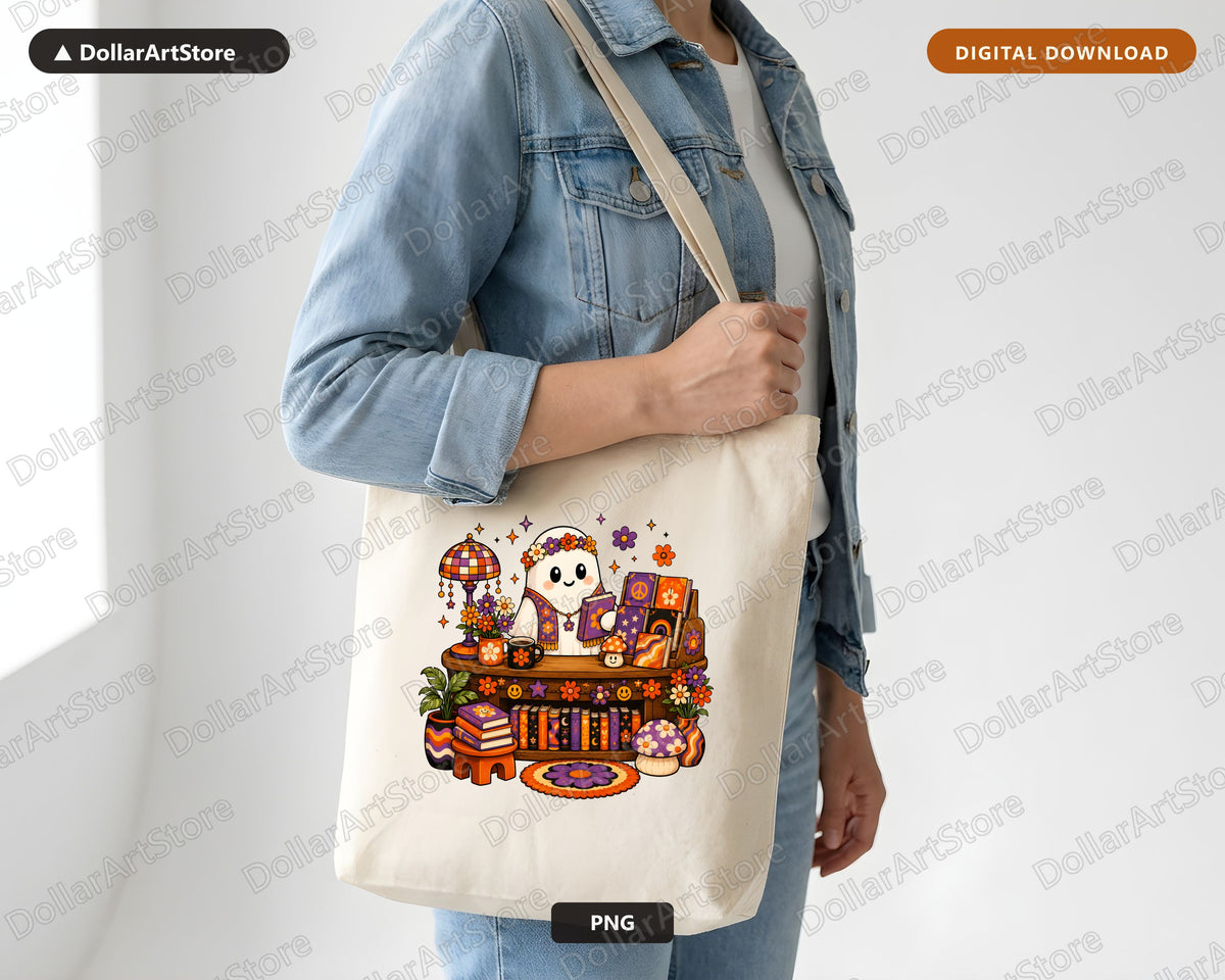 Groovy Bookish Ghost PNG, Sublimation Design, Retro Shirt Design Digital Download