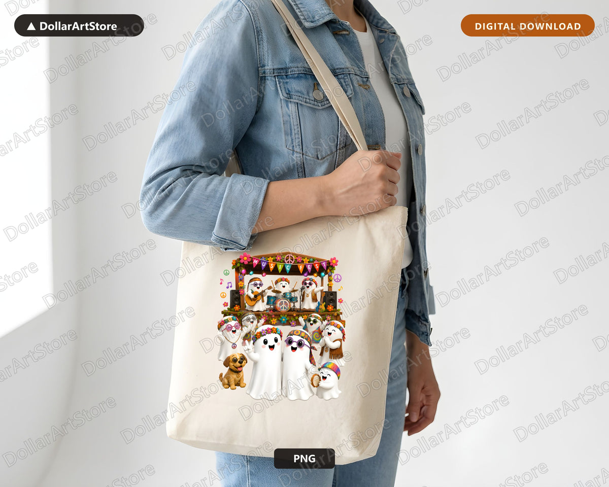 Cute Halloween Ghost PNG Sublimation Design, Groovy Music Festival Shirt Design Digital Download
