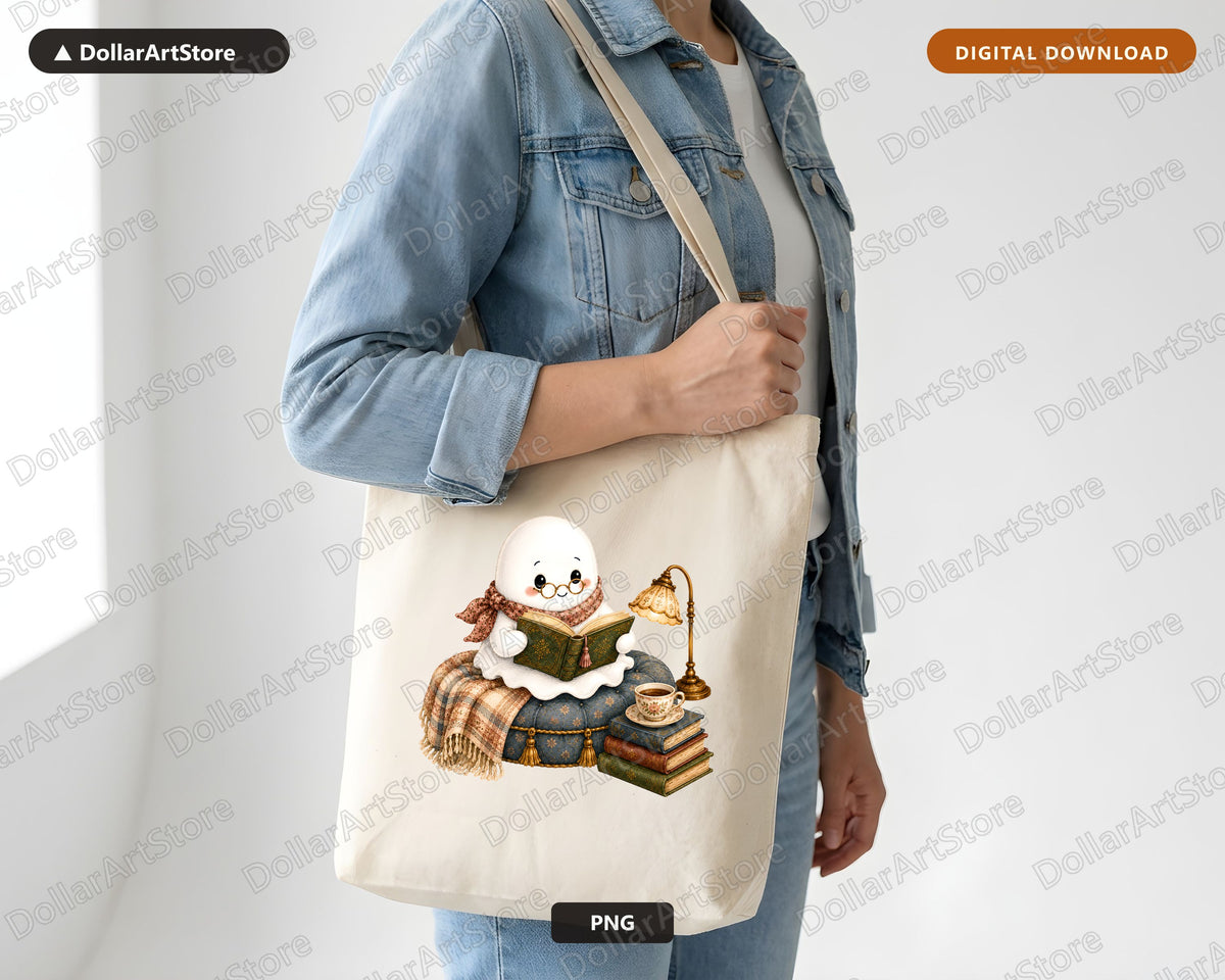 Cozy Ghost PNG, Reading Illustration, Sublimation Design Digital Download