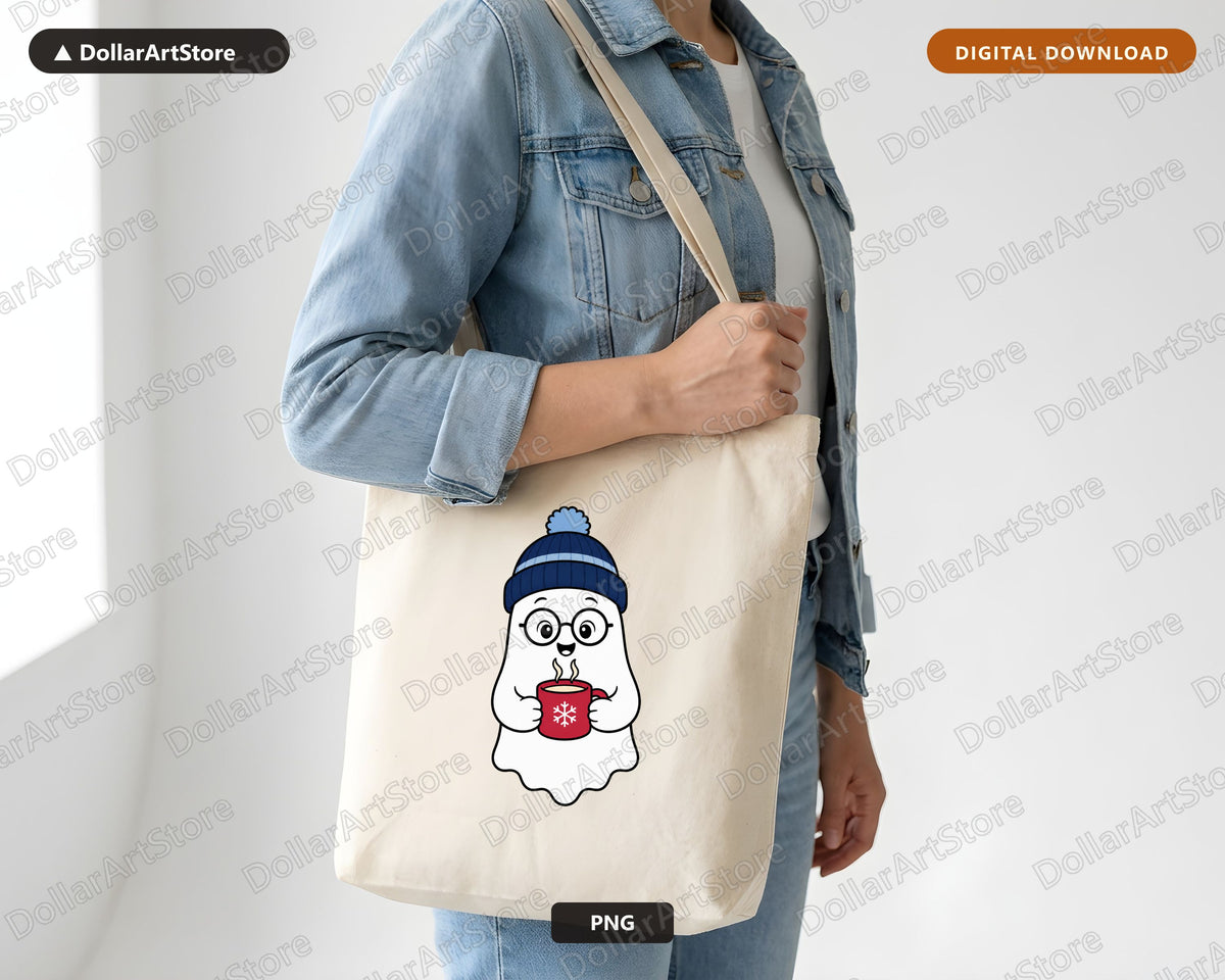 Cozy Ghost PNG, Winter Hot Cocoa Design, Sublimation Shirt Print Download