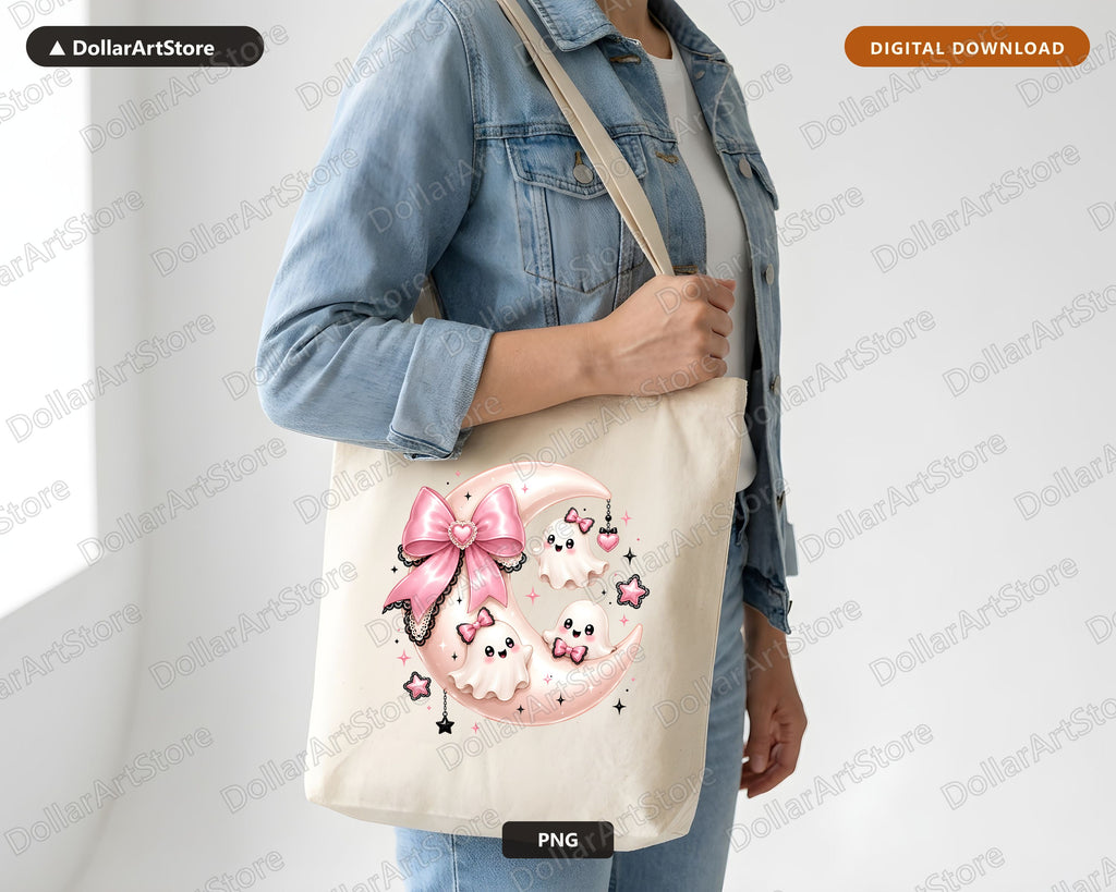 Cute Ghost PNG Sublimation Design, Pink Bow Moon, Shirt & Tumbler Print