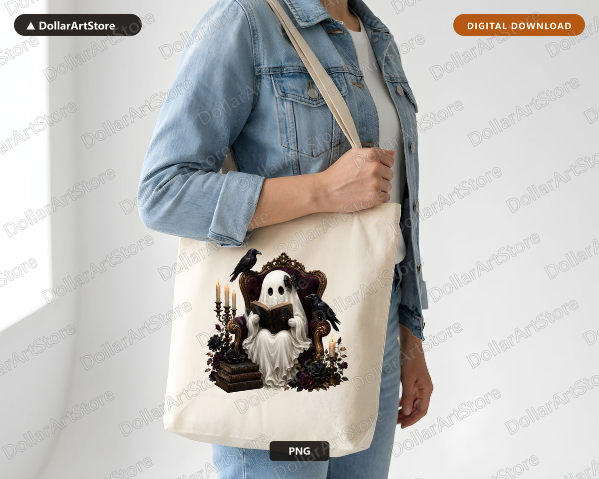 Bookish Ghost PNG, Dark Academia Sublimation Design, Halloween Shirt Design Digital Download