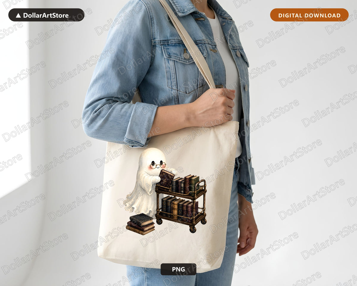 Bookish Ghost PNG Sublimation Design, Library Cart Shirt Print Digital Download