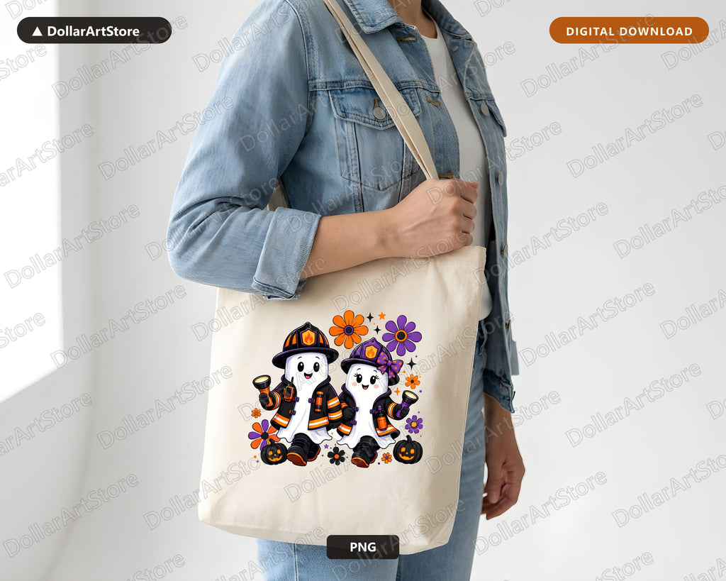 Cute Firefighter Ghosts PNG, Halloween Sublimation Design, Shirt Design Digital Download